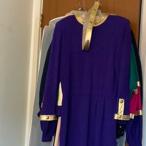 St John purple knit dress with leather trimming